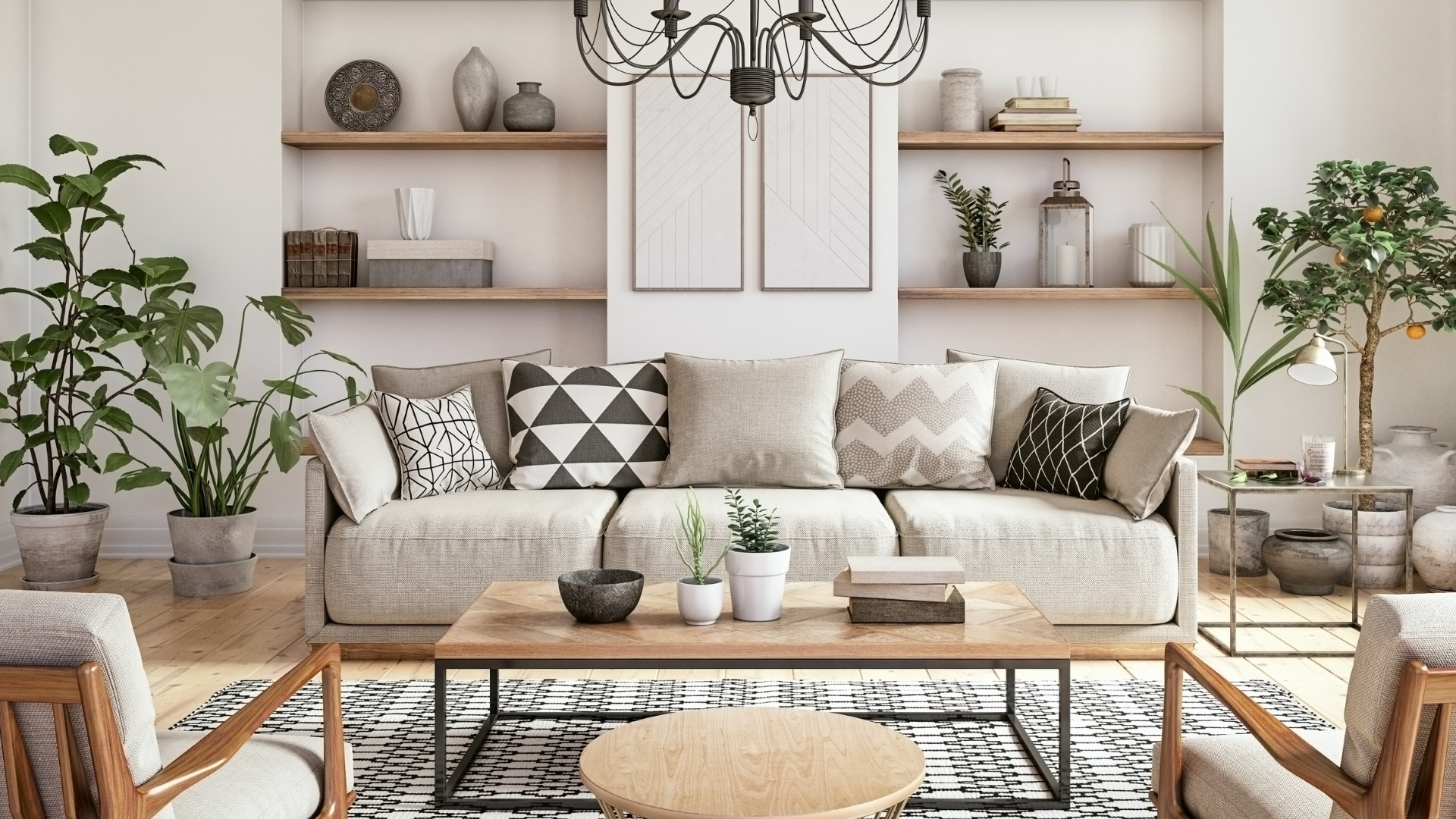 H&M Home deck opening image: a living room with a sofa, plants and natural furnishings.