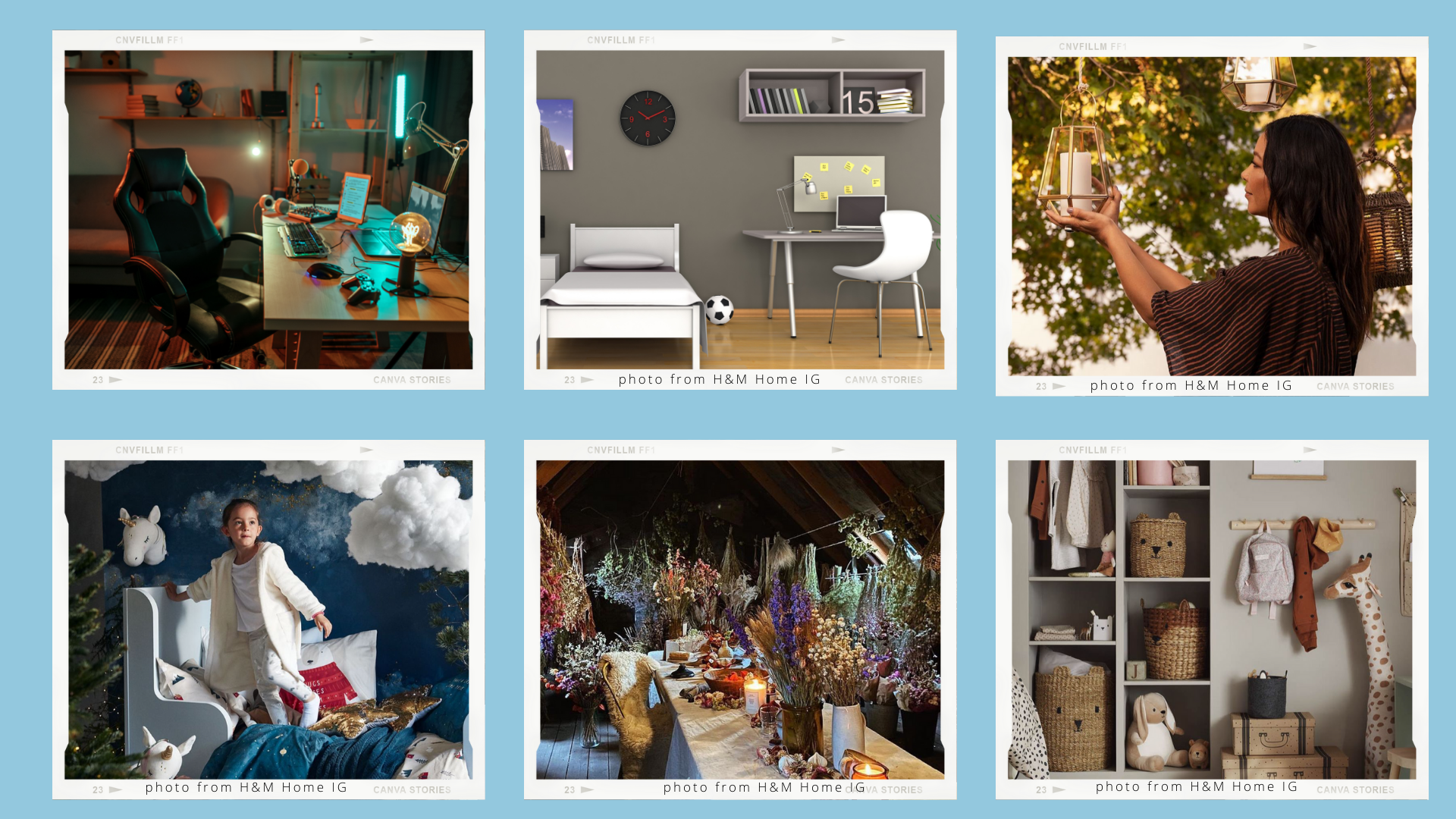 Six-room collage showing multifaceted tastes and interests.